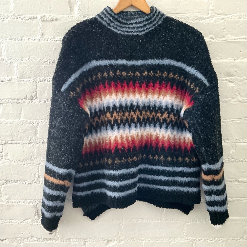 Sweaterland Womens Sweater Blue Colorful Printed Pullover Cozy Chic Soft M/L